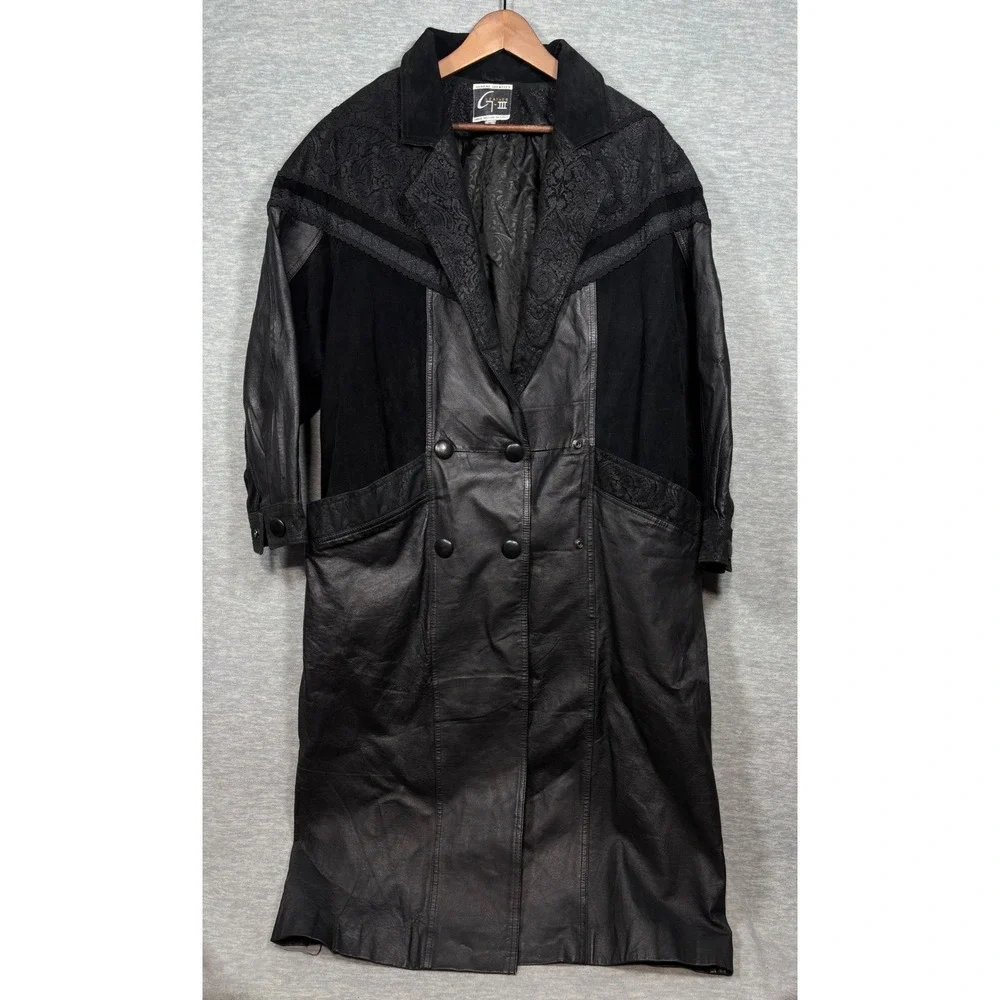 Vtg G-III Black Leather Coat Womens M Suede Paisley Trench Duster Jacket